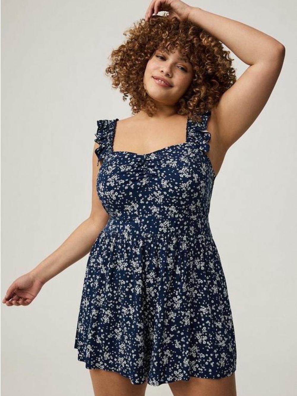 NWT 1X 14-16 Ruffled Straps Layered Romper Dusted Ditsy Floral Medieval Blue